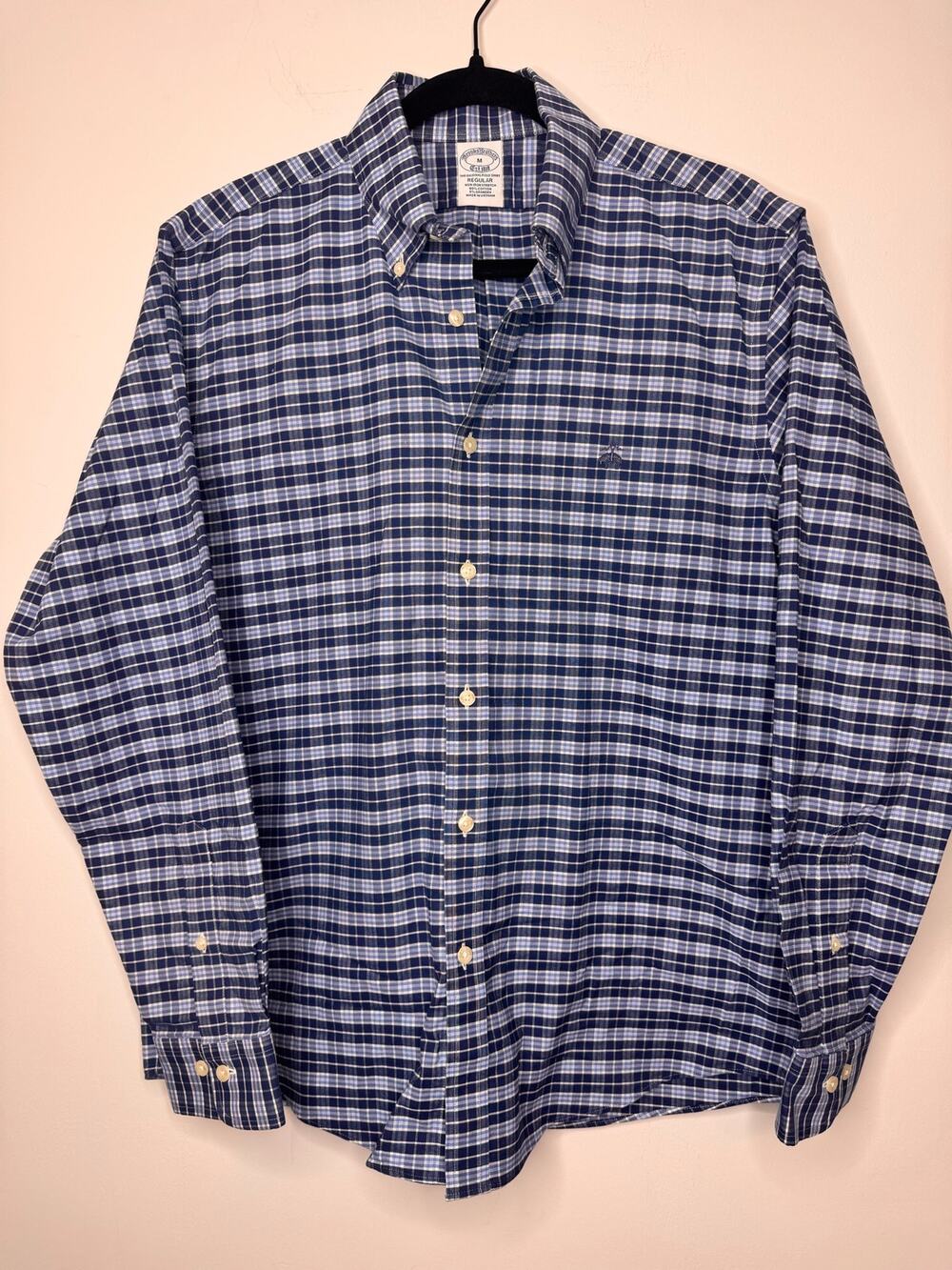 Brooks Brothers Men’s M Blue Plaid Button Down Shirt Polo Cotton Stretch